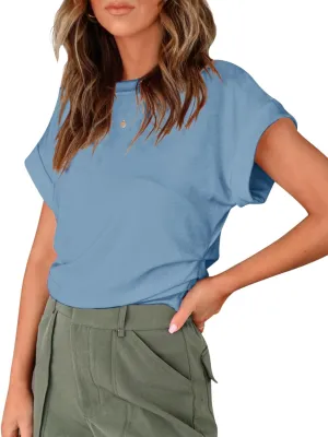 GeGekoko Women Short Sleeve Tshirts Crew Neck Basic Cotton Draped Tee Summer Ruched Side Top S-1L
