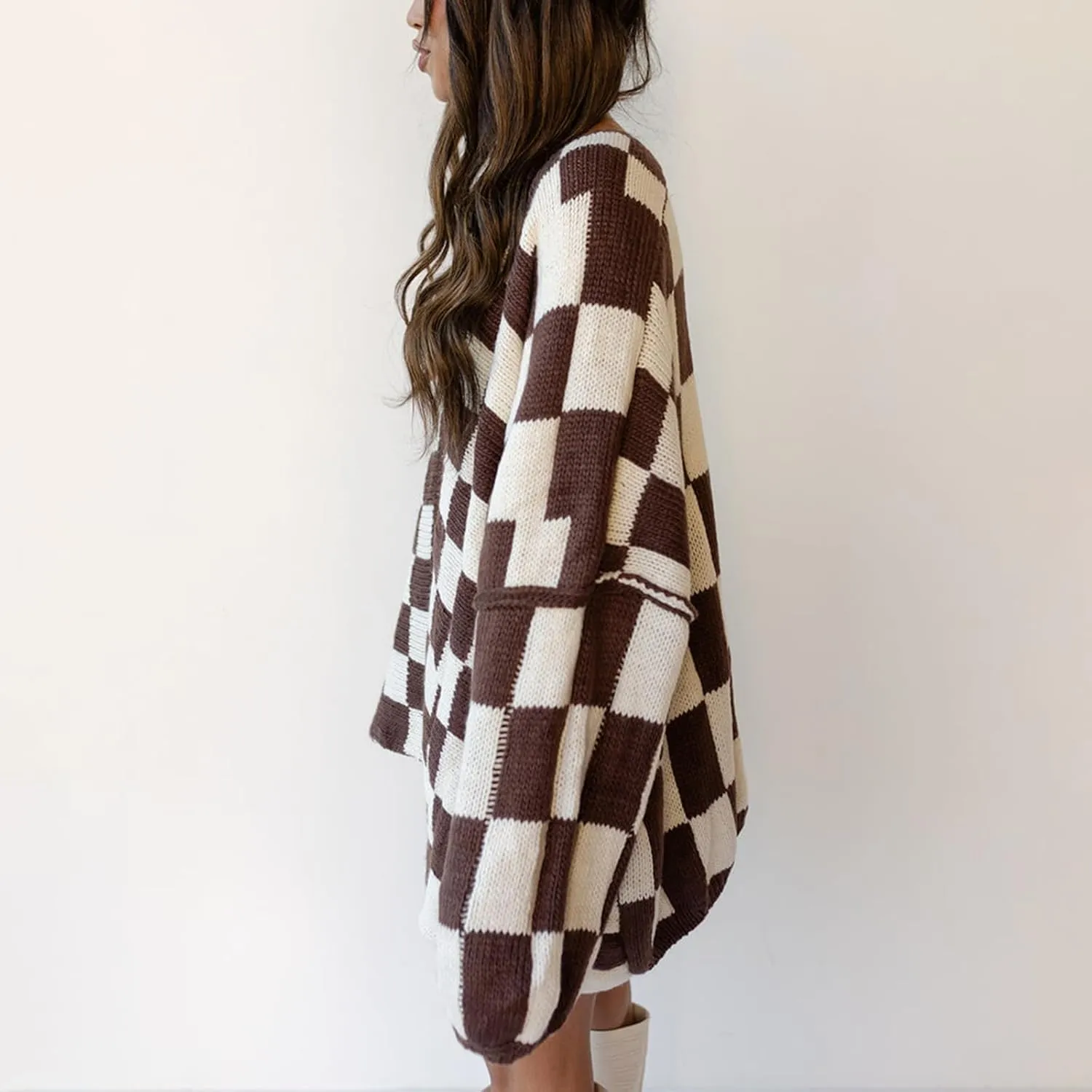 Giraropa Women Checkered Cardigan 2024 Long Sleeve Open Front Loose Knit Sweater Oversized Lightweight Cardigans Outwear