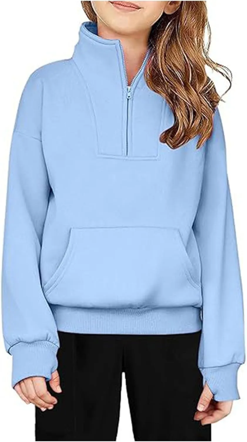 Girls Half Zip Pullover Cropped Fleece Sweatshirts with Thumb Hole Hoodies Kids Fall Winter Preppy Clothes