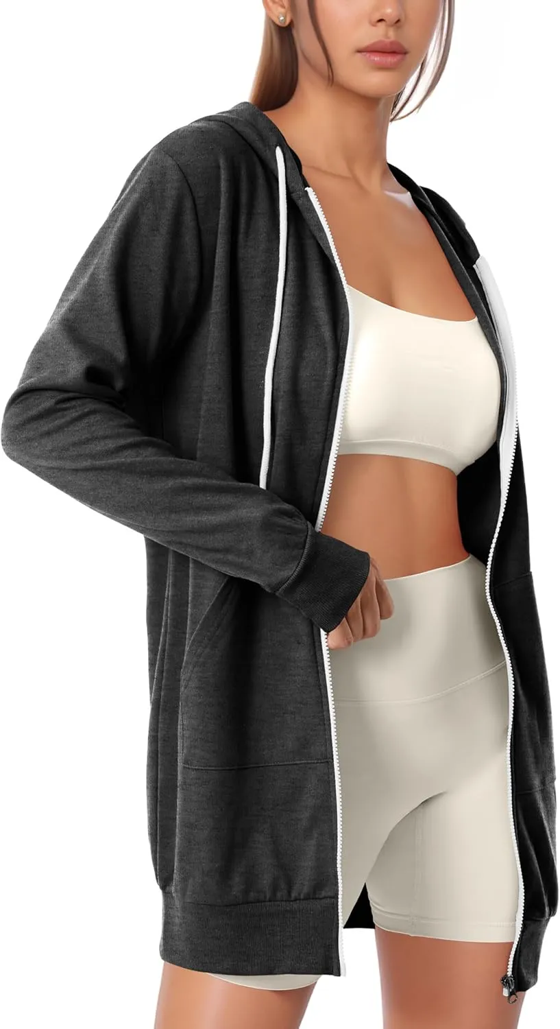 GIVON Womens Zip Up Long Tunic Hoodie Sweatshirt Lightweight Regular Fit Jacket with Pockets
