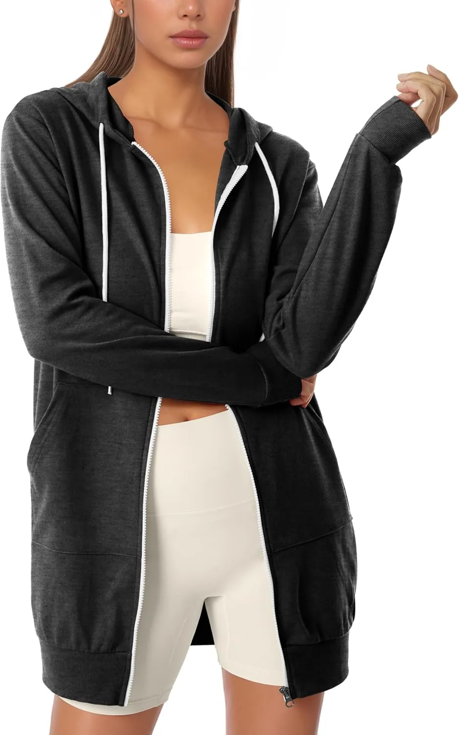 GIVON Womens Zip Up Long Tunic Hoodie Sweatshirt Lightweight Regular Fit Jacket with Pockets