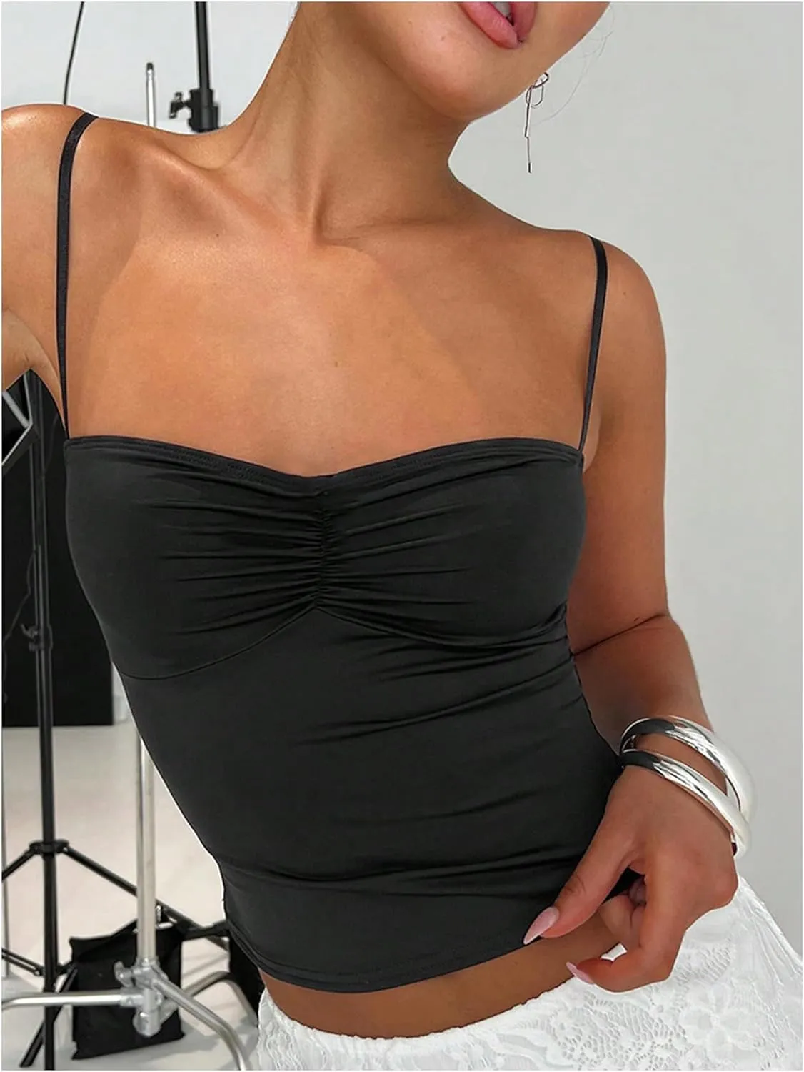 GORGLITTER Women's Ruched Spaghetti Strap Tank Top Sleeveless Backless Crop Camisole Tops