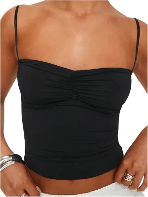 GORGLITTER Women's Ruched Spaghetti Strap Tank Top Sleeveless Backless Crop Camisole Tops