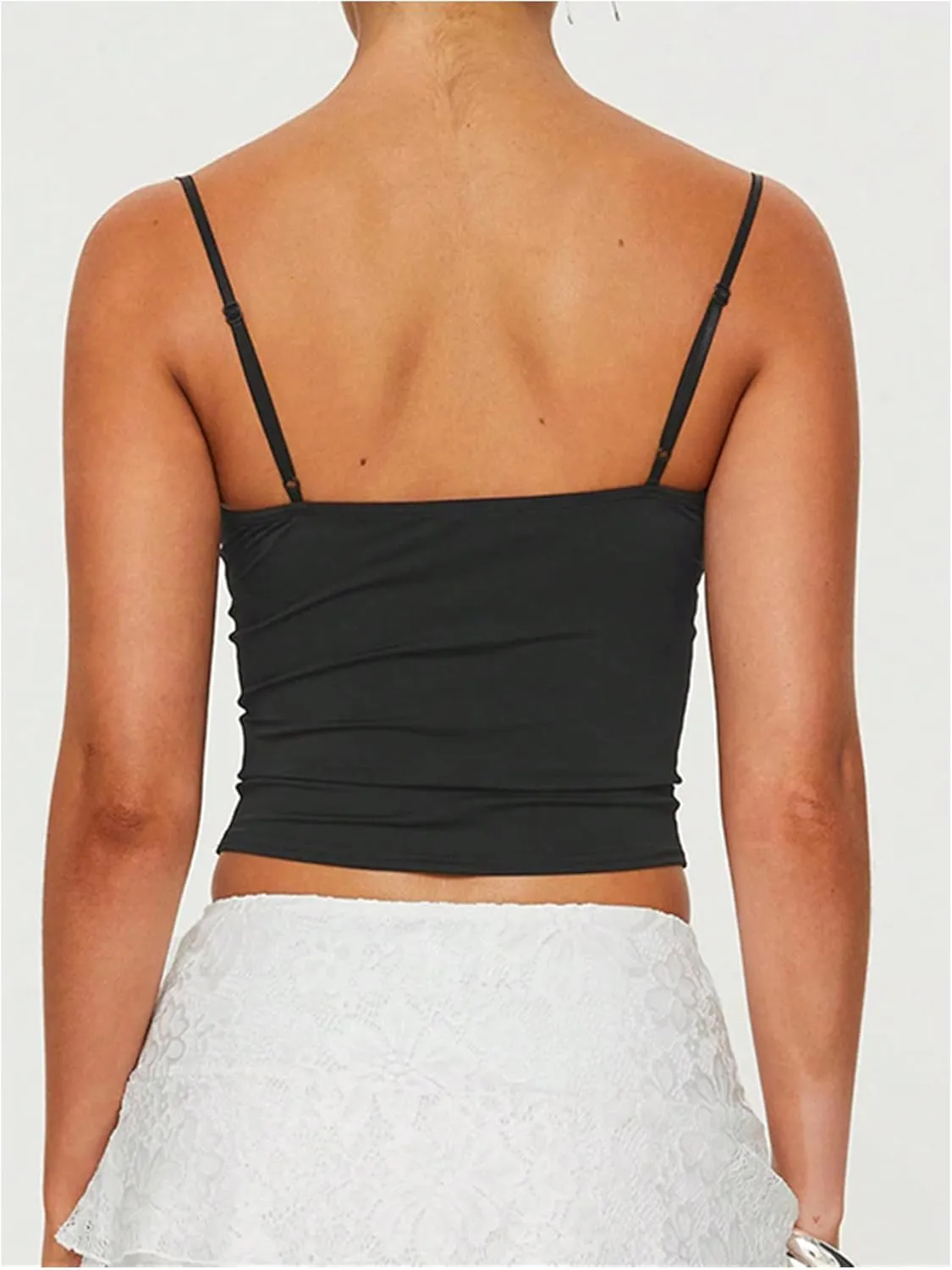 GORGLITTER Women's Ruched Spaghetti Strap Tank Top Sleeveless Backless Crop Camisole Tops