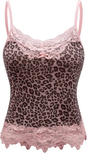 GORGLITTER Women's Y2k Leopard Lace Trim Cami Top Spaghetti Strap Bowknot Cheetah Camisole