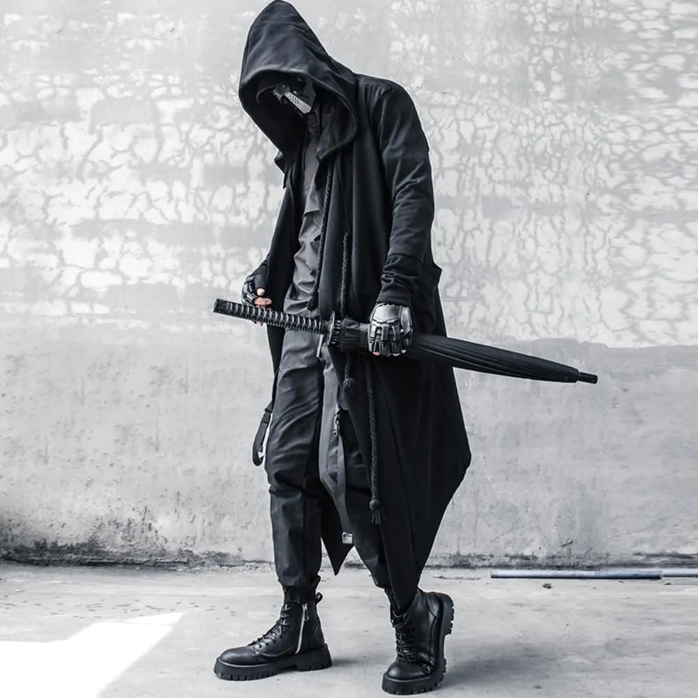 Gothic Cloak Long Hoodie Men Black Wizard Hoodies Streetwear Cardigan Hoodie Techwear Male