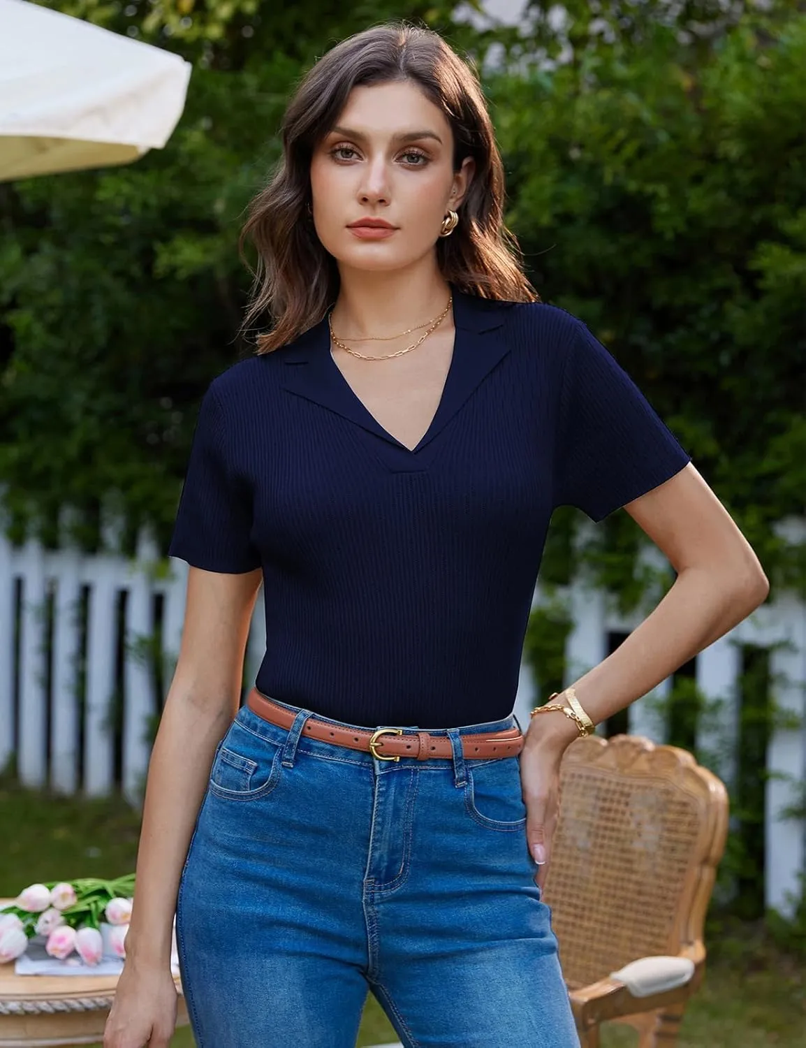 GRACE KARIN Womens 2025 Summer Short Sleeve Sweater V Neck Knitted Polo Shirt Lightweight Collared Pullover Sweater