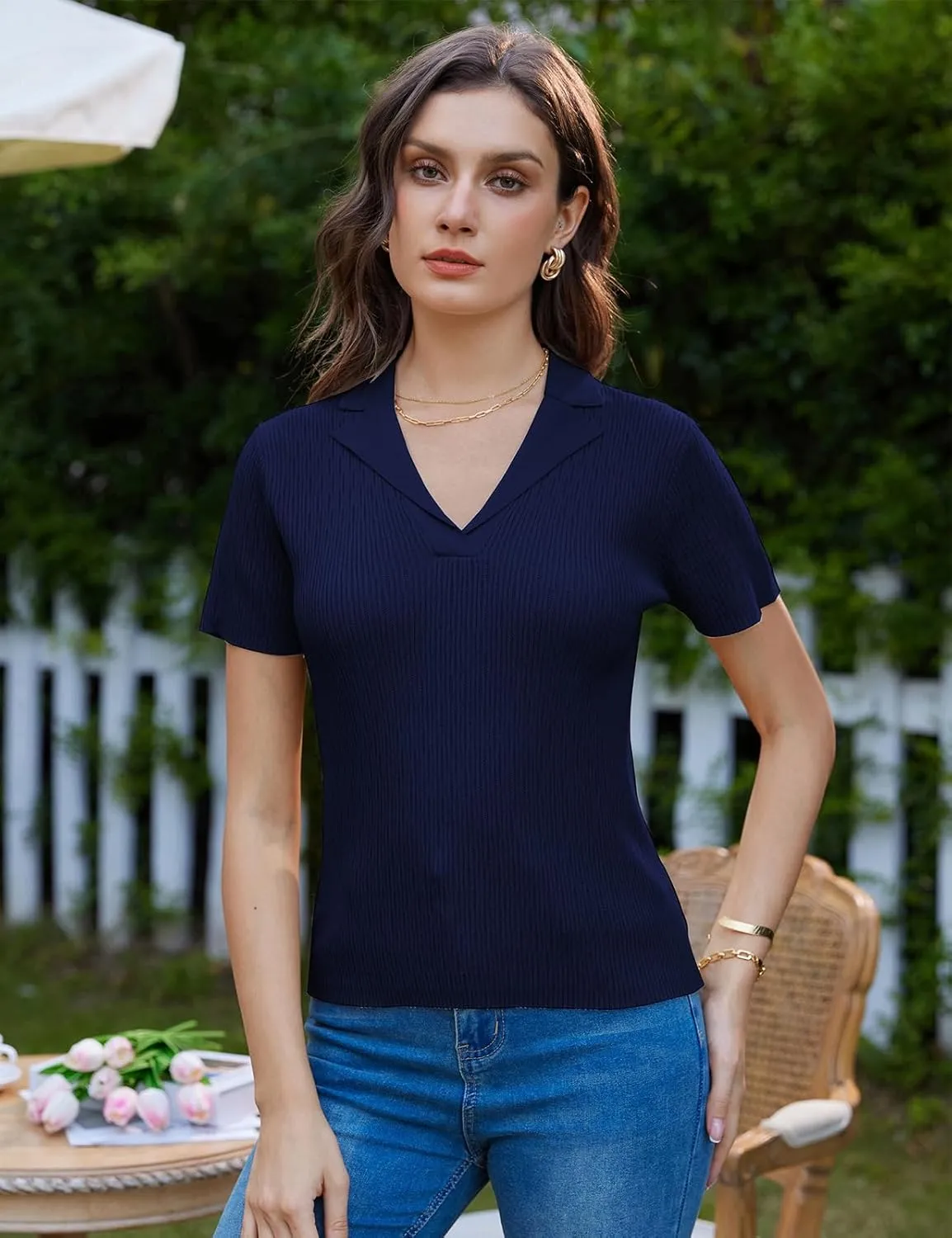 GRACE KARIN Womens 2025 Summer Short Sleeve Sweater V Neck Knitted Polo Shirt Lightweight Collared Pullover Sweater