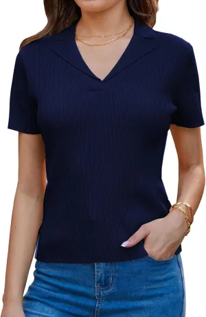 GRACE KARIN Womens 2025 Summer Short Sleeve Sweater V Neck Knitted Polo Shirt Lightweight Collared Pullover Sweater