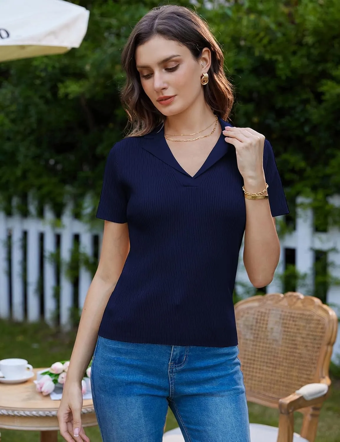 GRACE KARIN Womens 2025 Summer Short Sleeve Sweater V Neck Knitted Polo Shirt Lightweight Collared Pullover Sweater