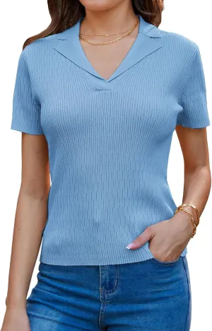 GRACE KARIN Womens 2025 Summer Short Sleeve Sweater V Neck Knitted Polo Shirt Lightweight Collared Pullover Sweater
