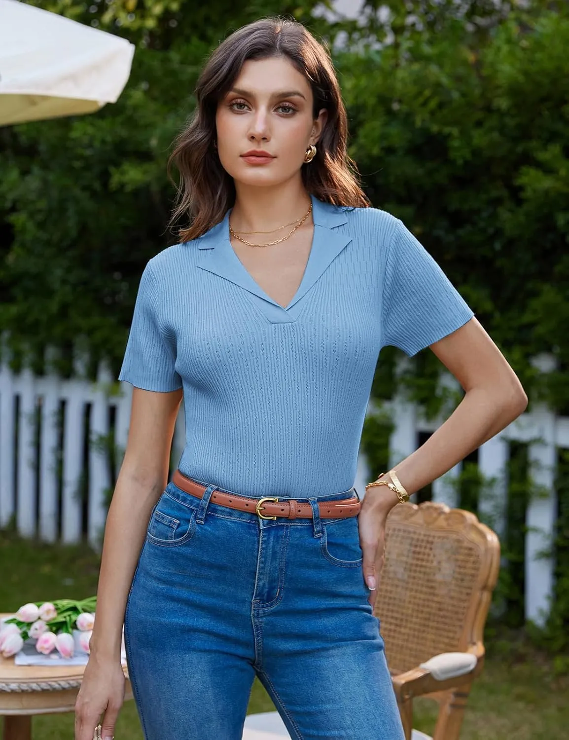 GRACE KARIN Womens 2025 Summer Short Sleeve Sweater V Neck Knitted Polo Shirt Lightweight Collared Pullover Sweater