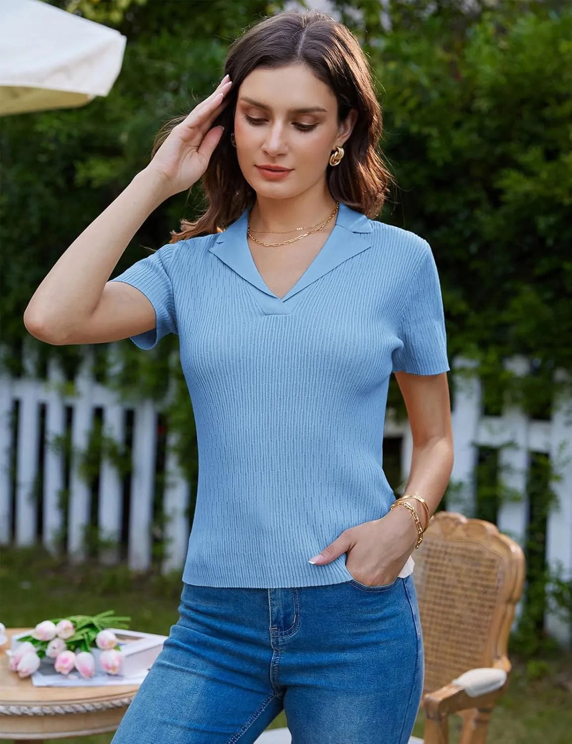 GRACE KARIN Womens 2025 Summer Short Sleeve Sweater V Neck Knitted Polo Shirt Lightweight Collared Pullover Sweater