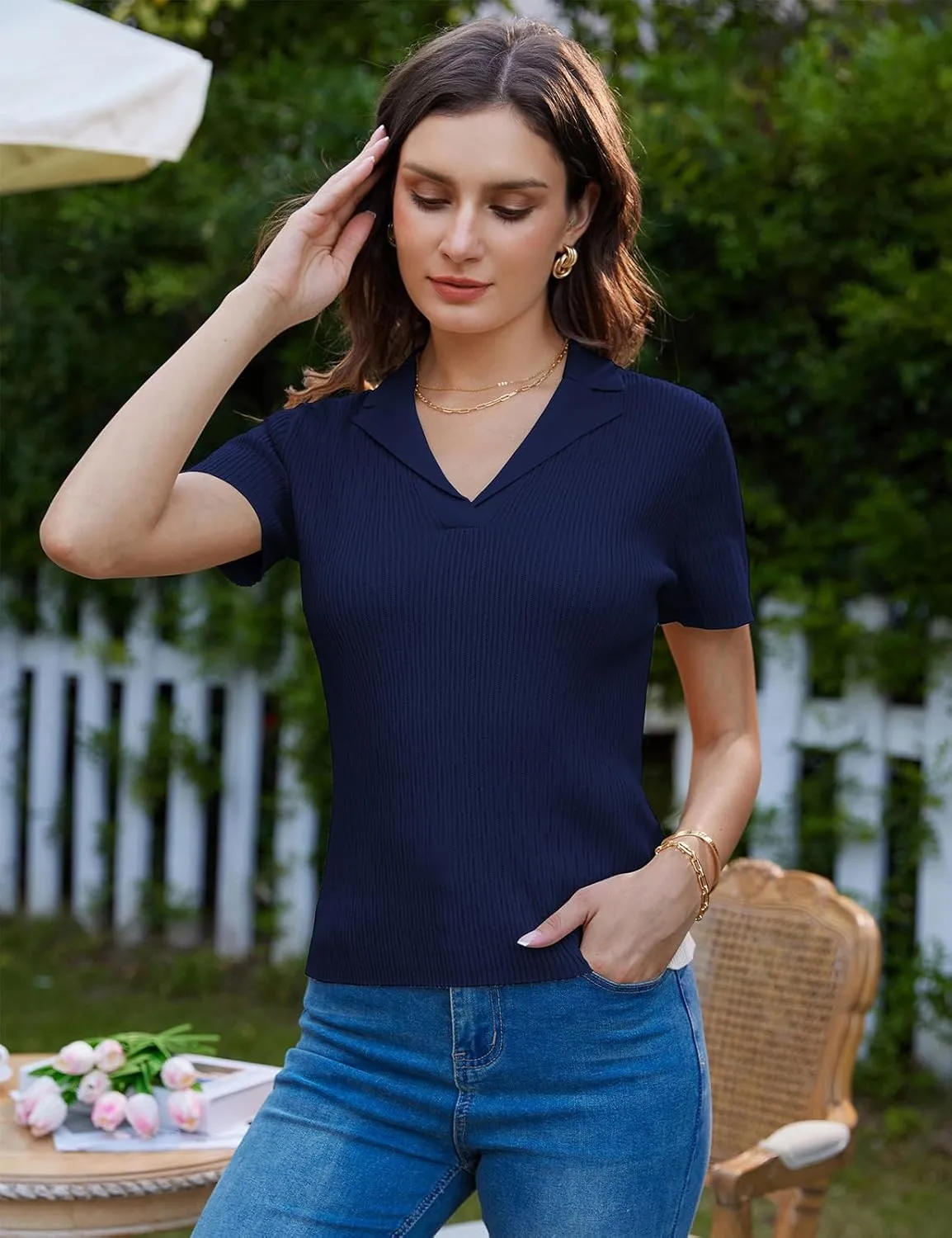 GRACE KARIN Womens 2025 Summer Short Sleeve Sweater V Neck Knitted Polo Shirt Lightweight Collared Pullover Sweater