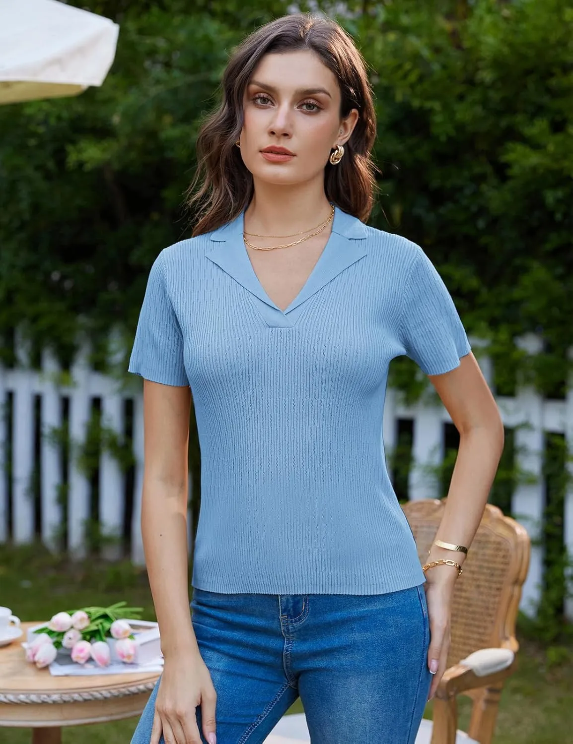 GRACE KARIN Womens 2025 Summer Short Sleeve Sweater V Neck Knitted Polo Shirt Lightweight Collared Pullover Sweater