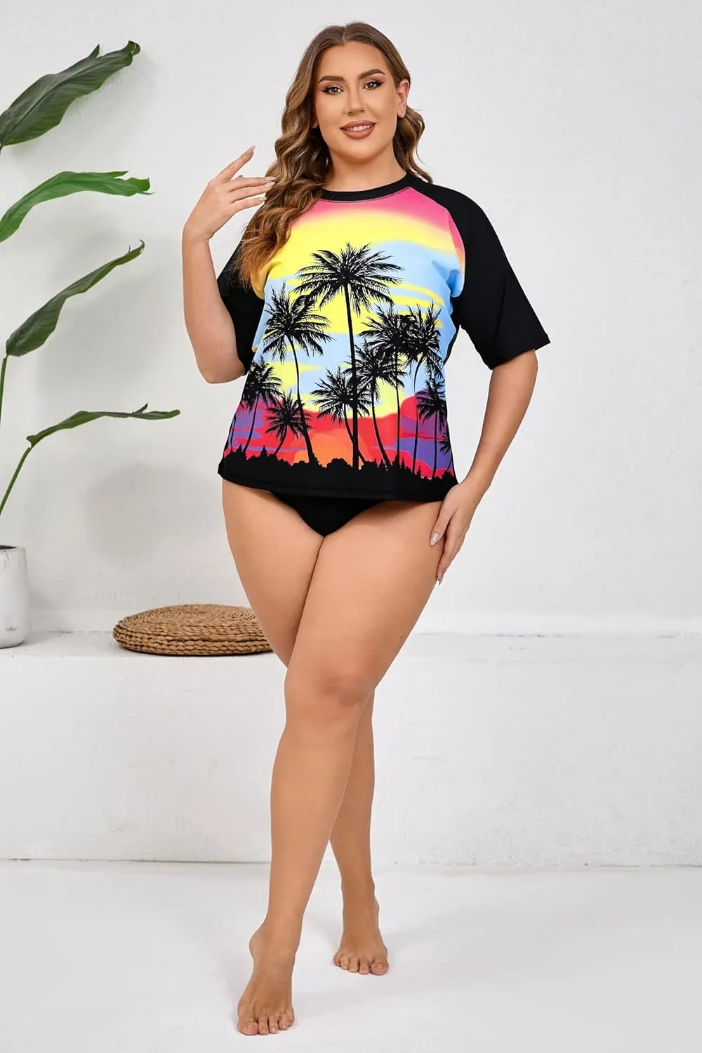 Halcurt Women's Plus Size Short Sleeve Rash Guard Swim Shirts Top Only Loose Fit Swim Tee UPF50  Swimsuit