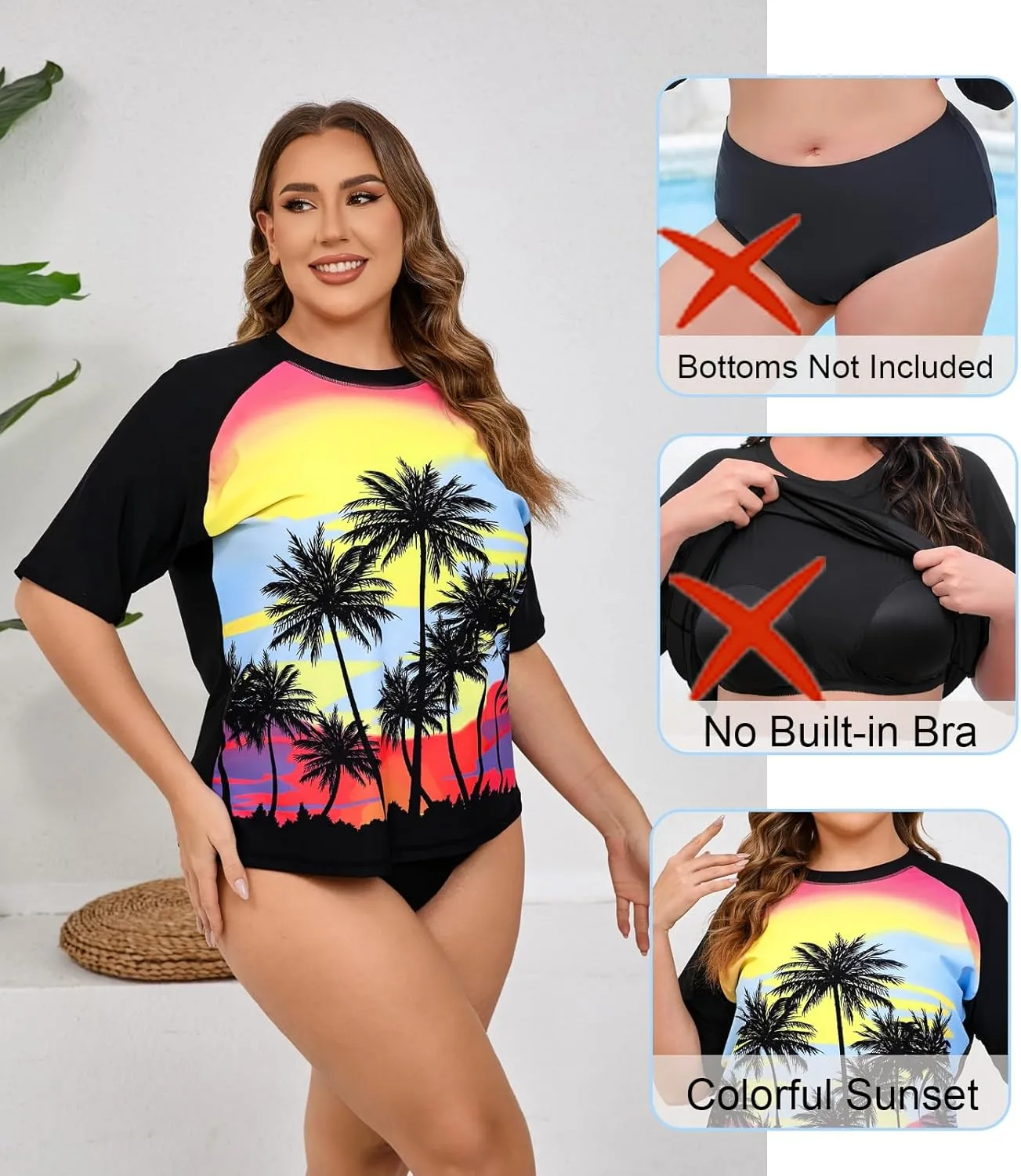 Halcurt Women's Plus Size Short Sleeve Rash Guard Swim Shirts Top Only Loose Fit Swim Tee UPF50  Swimsuit
