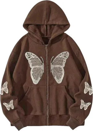Harajuku Women's Zipper Connecting Gothic Butterfly Printing Hatshirt Y2K zipper retro -graphic hoodie