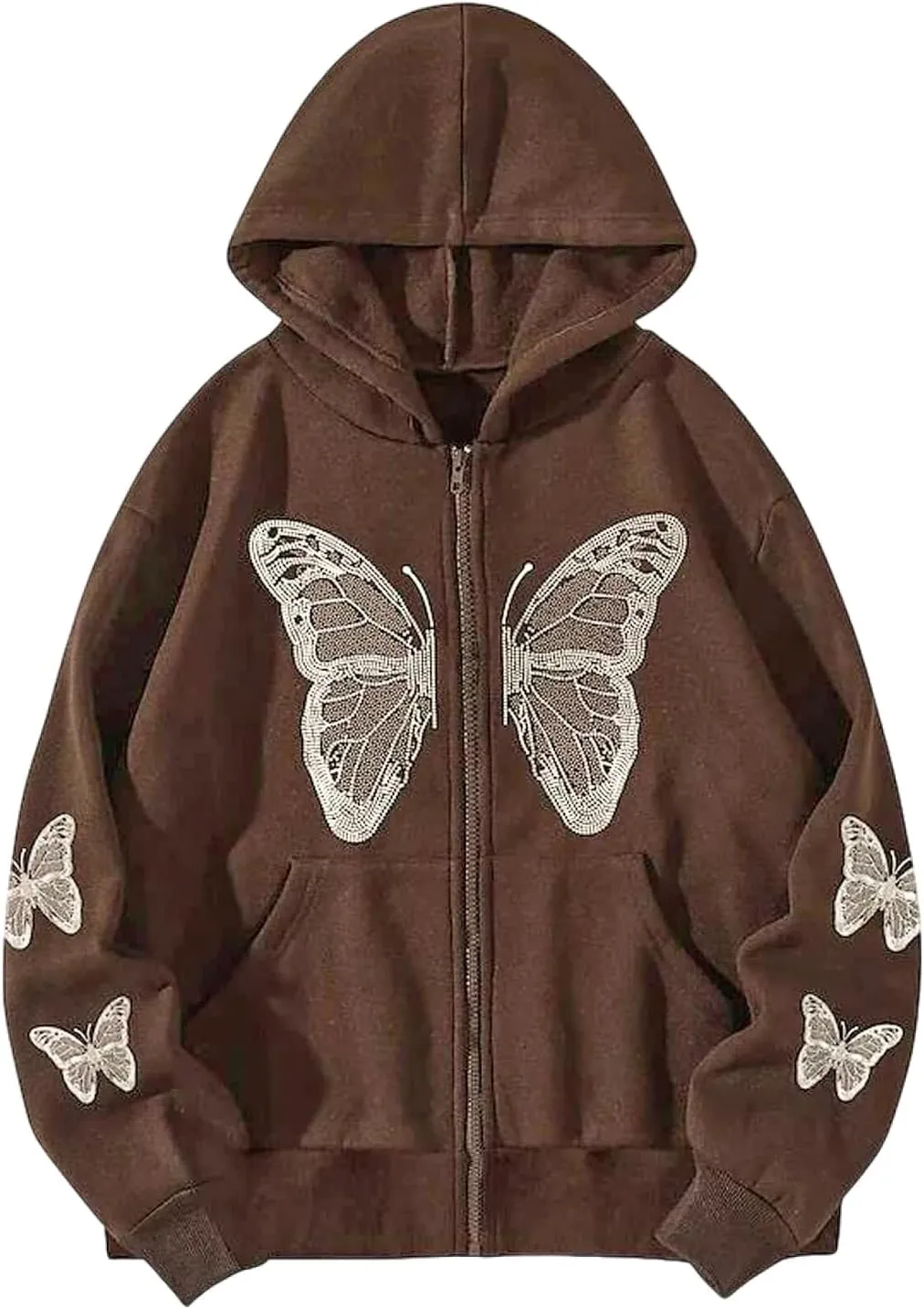 Harajuku Women's Zipper Connecting Gothic Butterfly Printing Hatshirt Y2K zipper retro -graphic hoodie