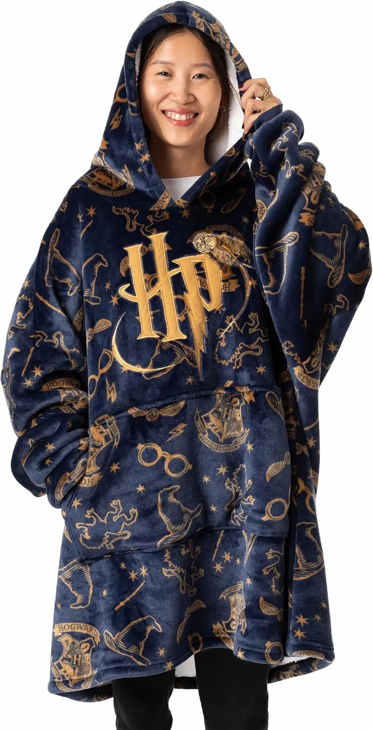 Harry Potter Oversized Wearable Blanket Hoodie Options for Men and Women | White AOP, Hedwig or Navy with Logo Sherpa Fleece