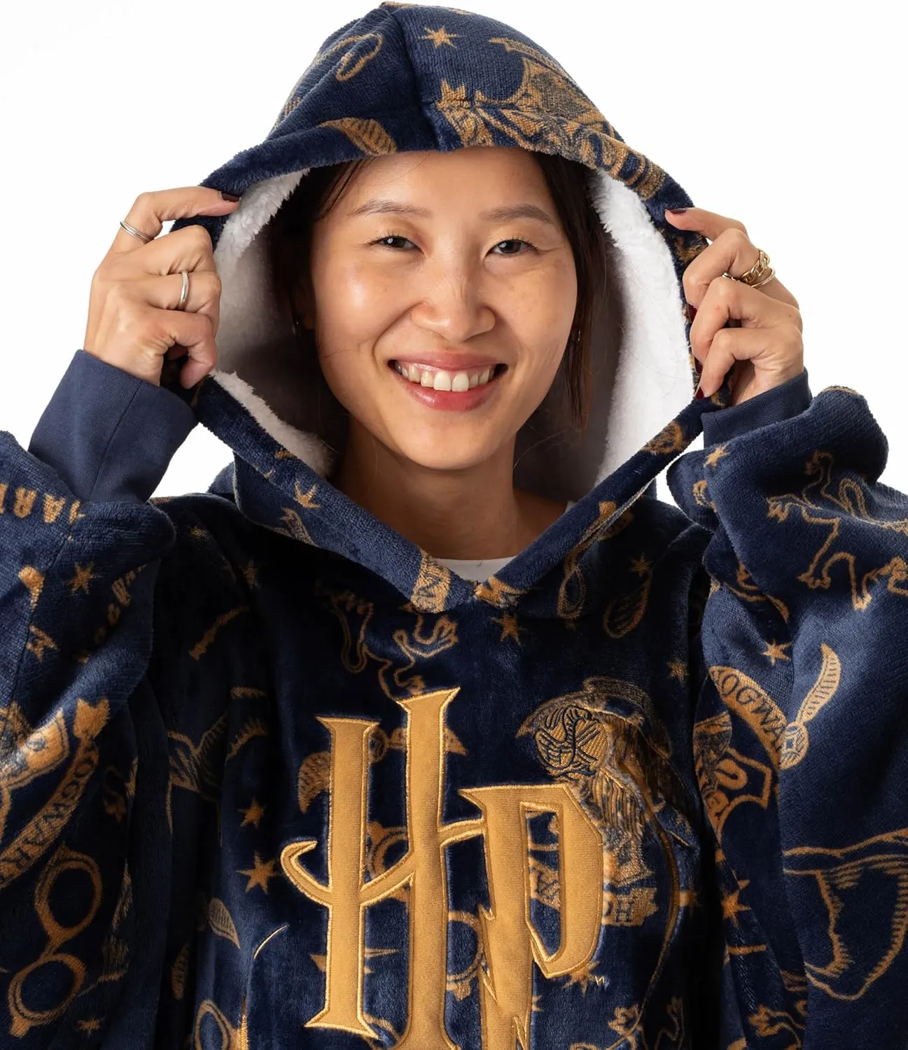 Harry Potter Oversized Wearable Blanket Hoodie Options for Men and Women | White AOP, Hedwig or Navy with Logo Sherpa Fleece