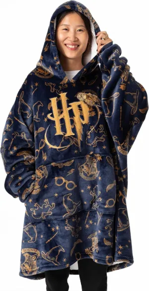 Harry Potter Oversized Wearable Blanket Hoodie Options for Men and Women | White AOP, Hedwig or Navy with Logo Sherpa Fleece