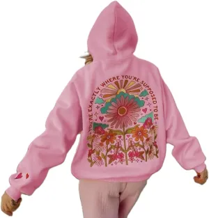 Hawaii Beach Graphic Hoodies for Women Teen Girls Flower Embroidery Oversized Hooded Sweatshirts Vintage Y2k Hoodie