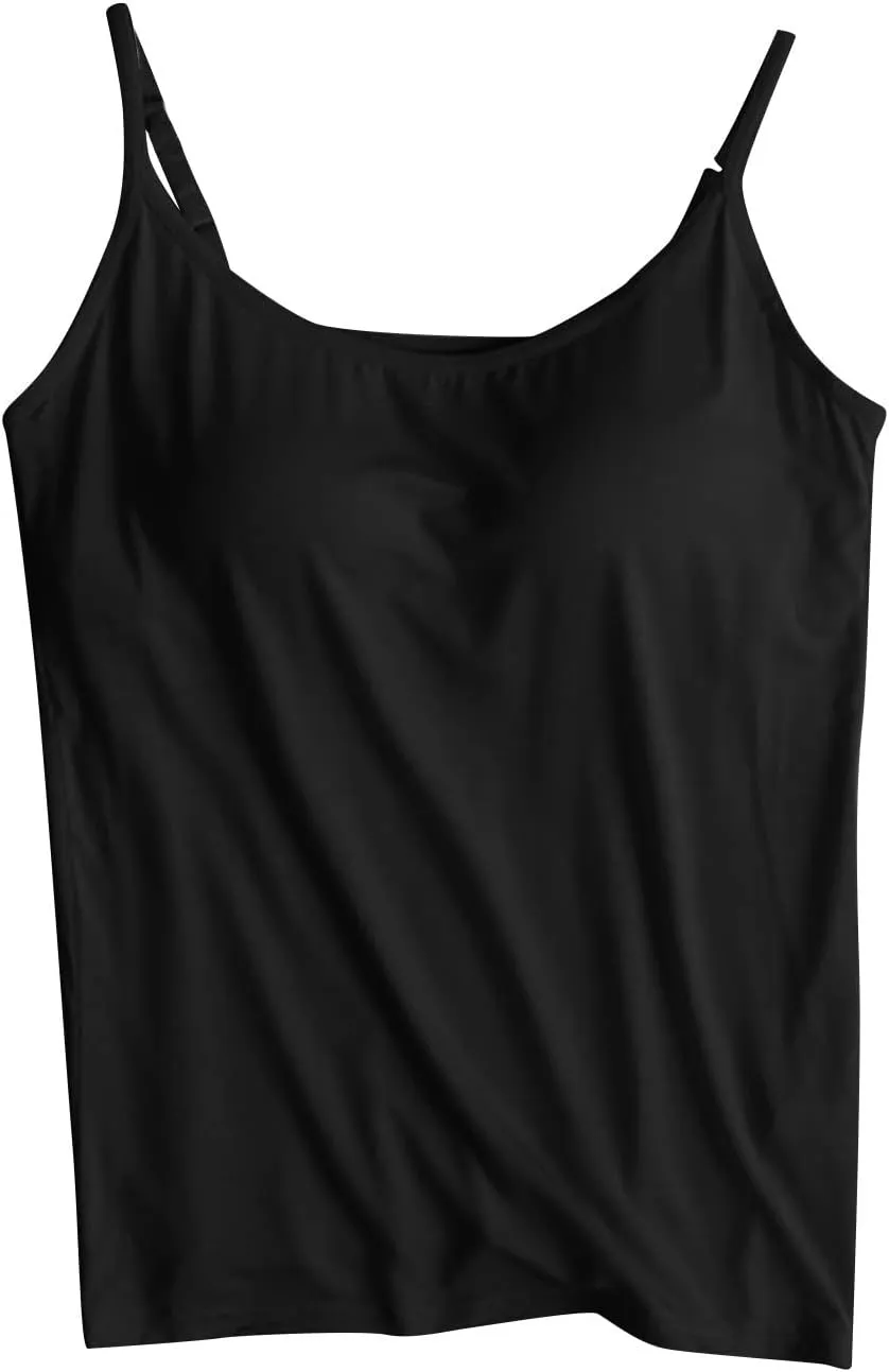 HGps8w Plus Size Womens Shelf Bra Camisoles Adjustable Spaghetti Strap Tank Tops Scoop Neck Layer Cami Tops (S-6XL)