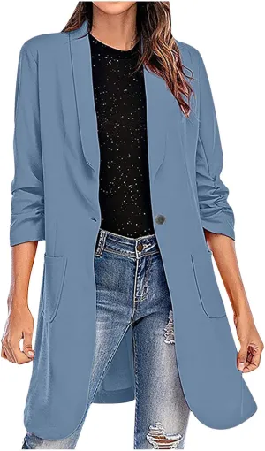 HGps8w Women's Long Blazers Casual Open Front Long Sleeve Lapel Suit Jacket Elegant Plain Work Office Blazer Jackets