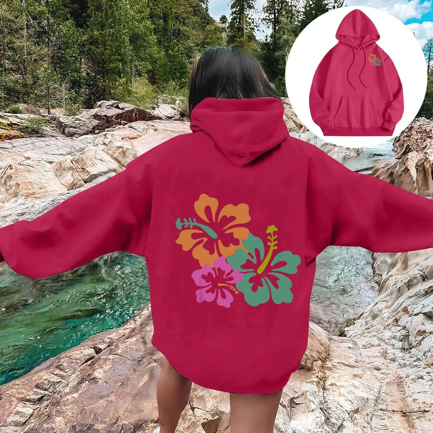 Hibiscus Flower Hoodie for Women Floral Pullover Sweatshirt Casual Oversized Hooded Top Pocket Streetwear Fall Fashion