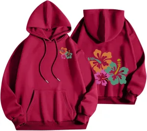 Hibiscus Flower Hoodie for Women Floral Pullover Sweatshirt Casual Oversized Hooded Top Pocket Streetwear Fall Fashion