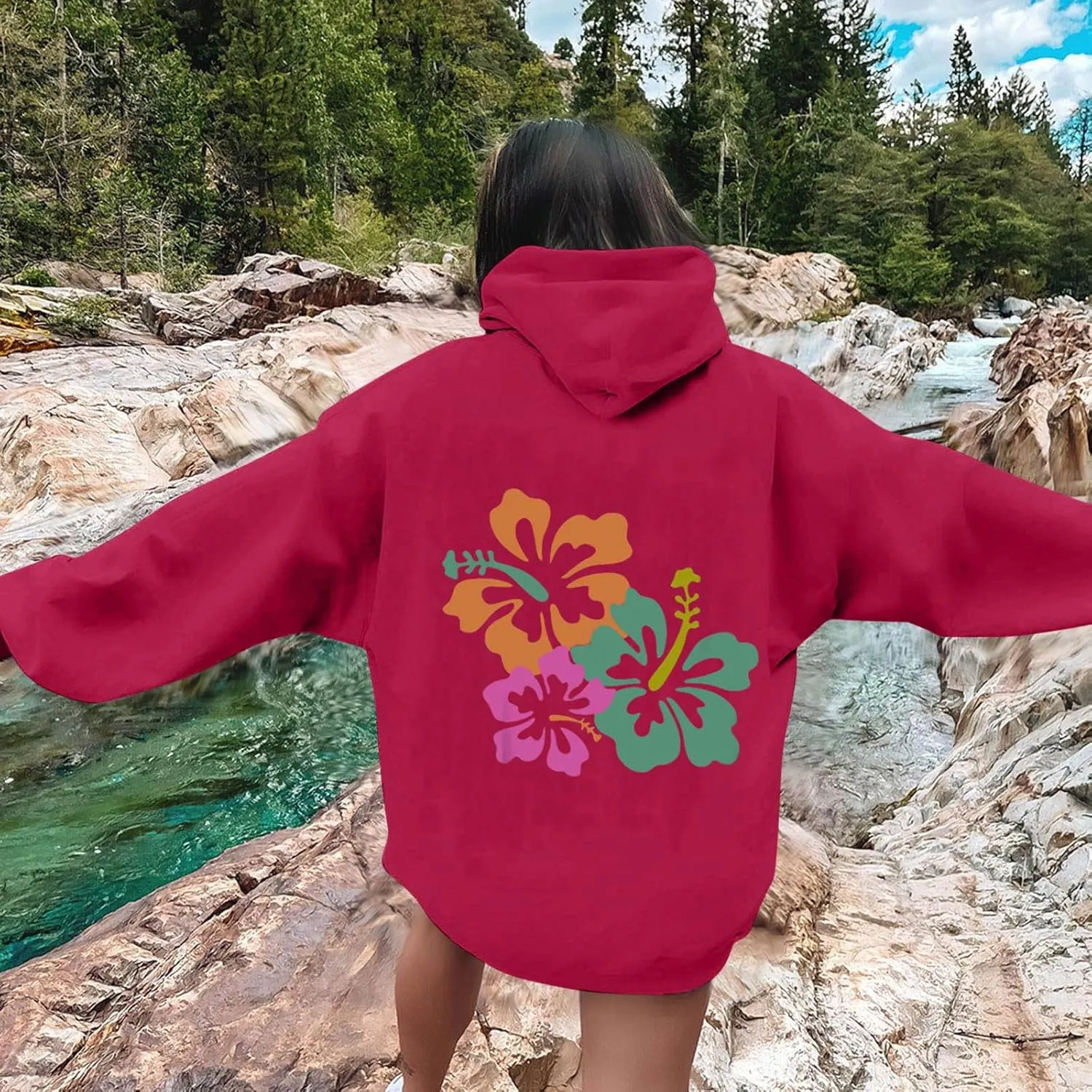 Hibiscus Flower Hoodie for Women Floral Pullover Sweatshirt Casual Oversized Hooded Top Pocket Streetwear Fall Fashion