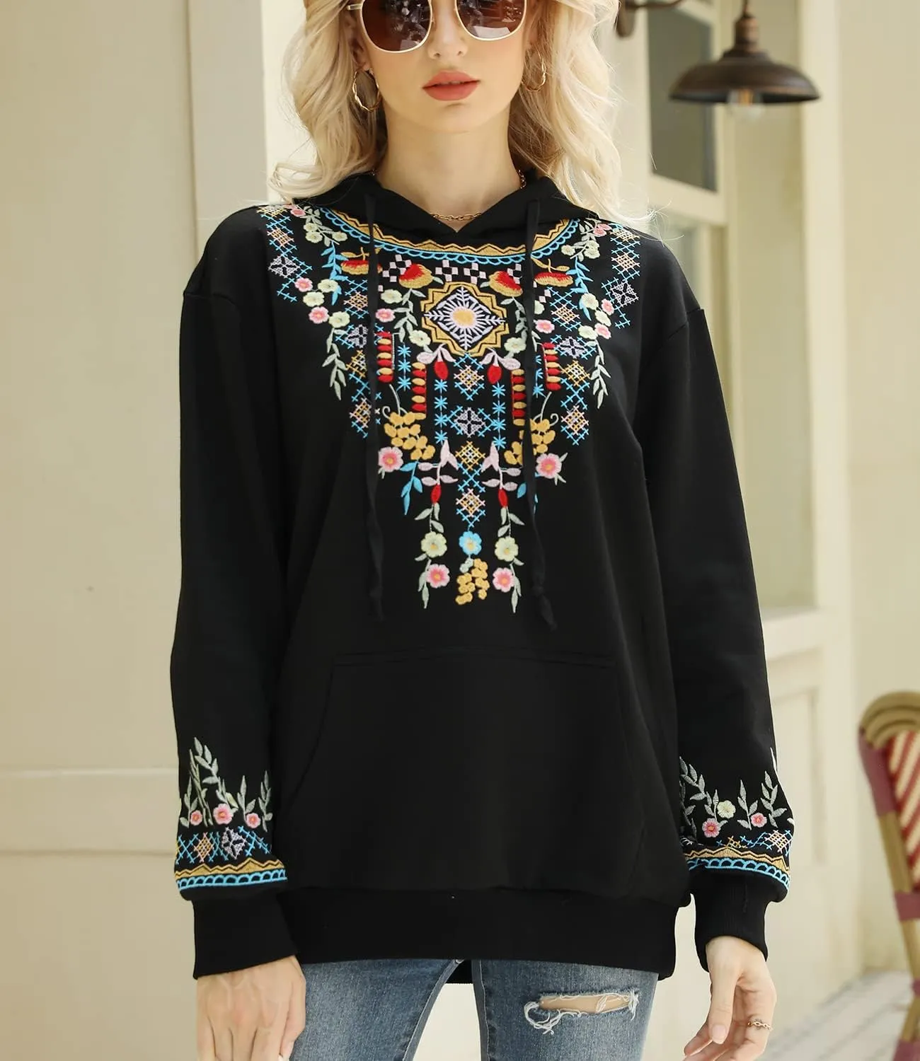 Higustar Embroided Hoodies for Women Mexican Cotton Sweatshirts Bohemian Casul Long Sleeve Fall With Pockets Hoodie