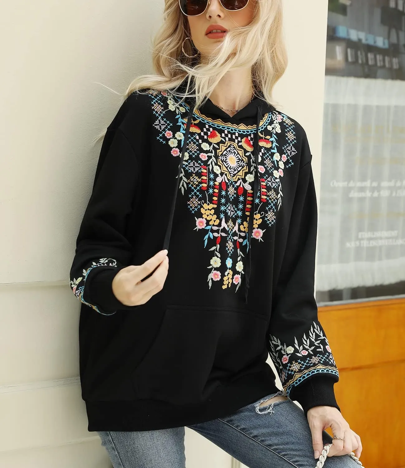 Higustar Embroided Hoodies for Women Mexican Cotton Sweatshirts Bohemian Casul Long Sleeve Fall With Pockets Hoodie