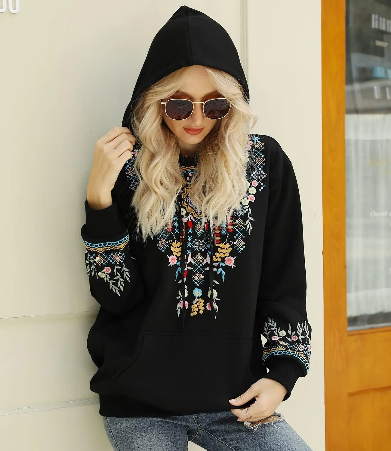 Higustar Embroided Hoodies for Women Mexican Cotton Sweatshirts Bohemian Casul Long Sleeve Fall With Pockets Hoodie