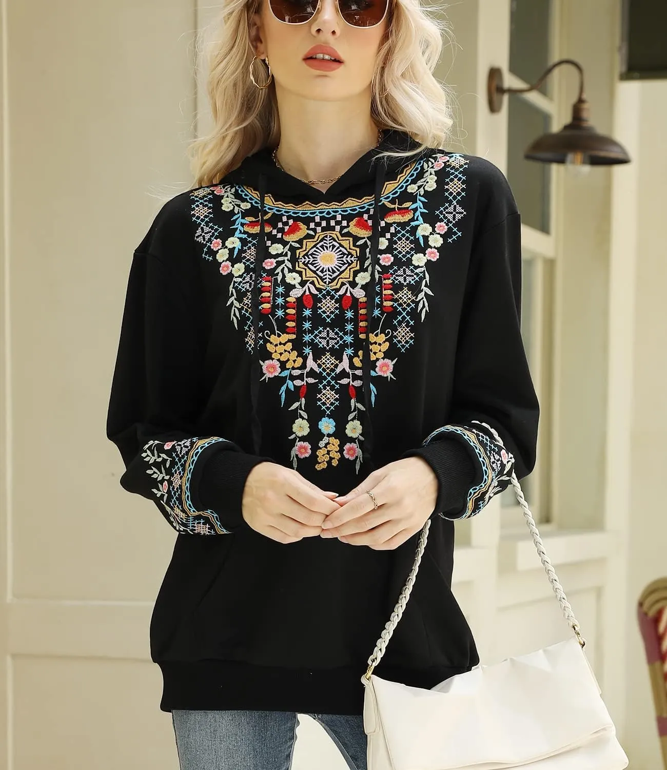 Higustar Embroided Hoodies for Women Mexican Cotton Sweatshirts Bohemian Casul Long Sleeve Fall With Pockets Hoodie