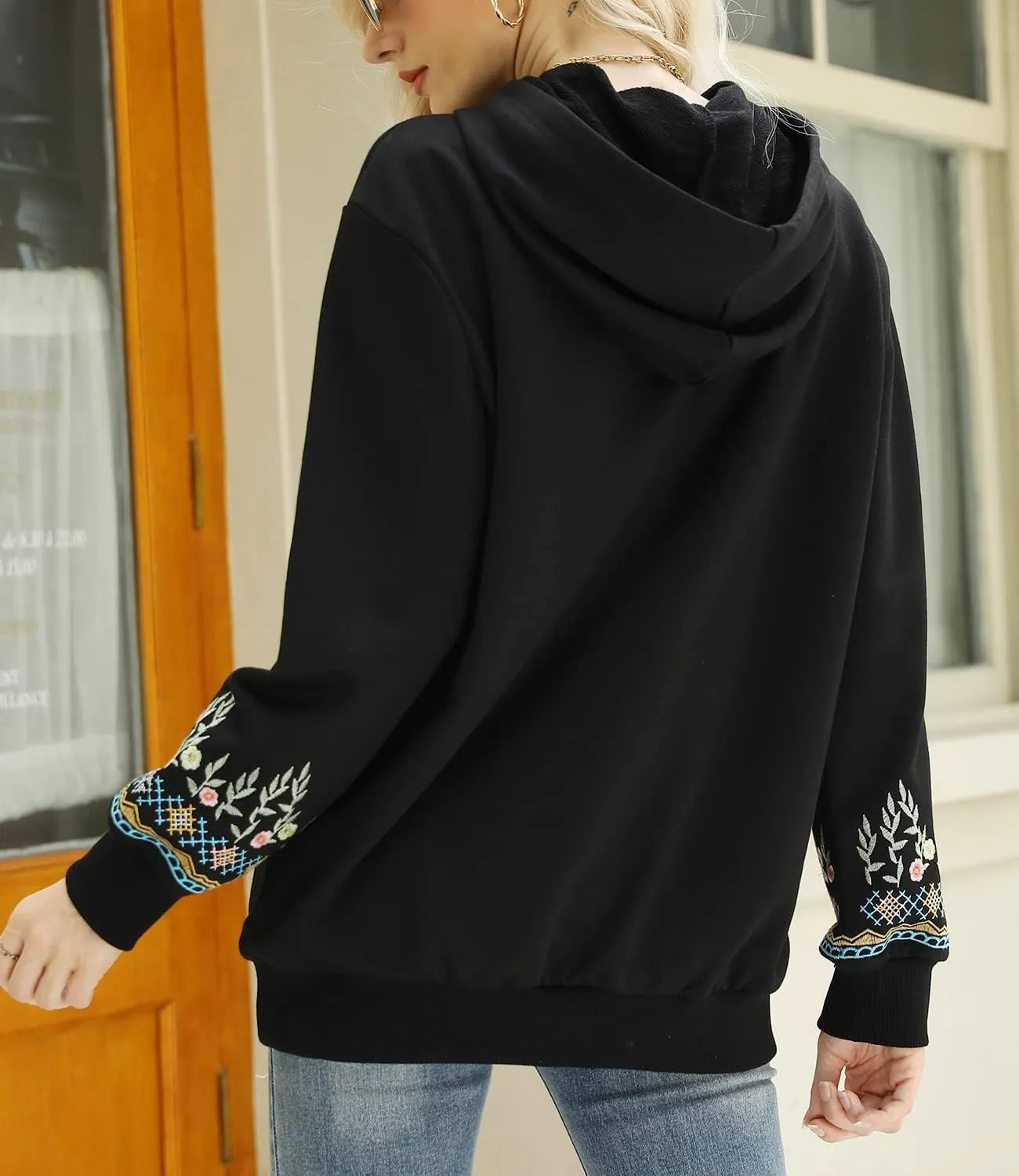 Higustar Embroided Hoodies for Women Mexican Cotton Sweatshirts Bohemian Casul Long Sleeve Fall With Pockets Hoodie