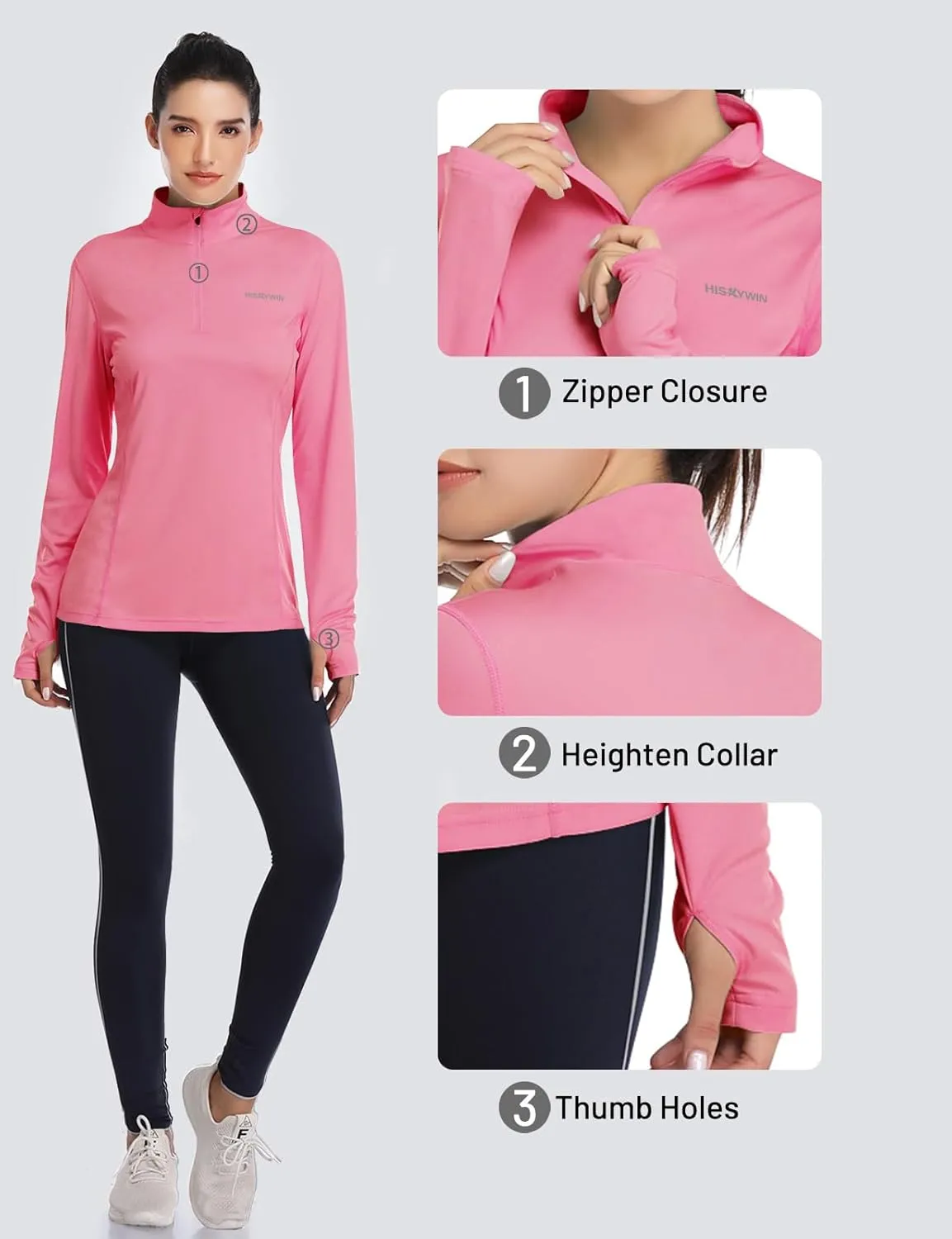 HISKYWIN Womens UPF 50  Sun Protection Tops Long Sleeve Half-Zip Thumb Hole Outdoor Workout Shirt