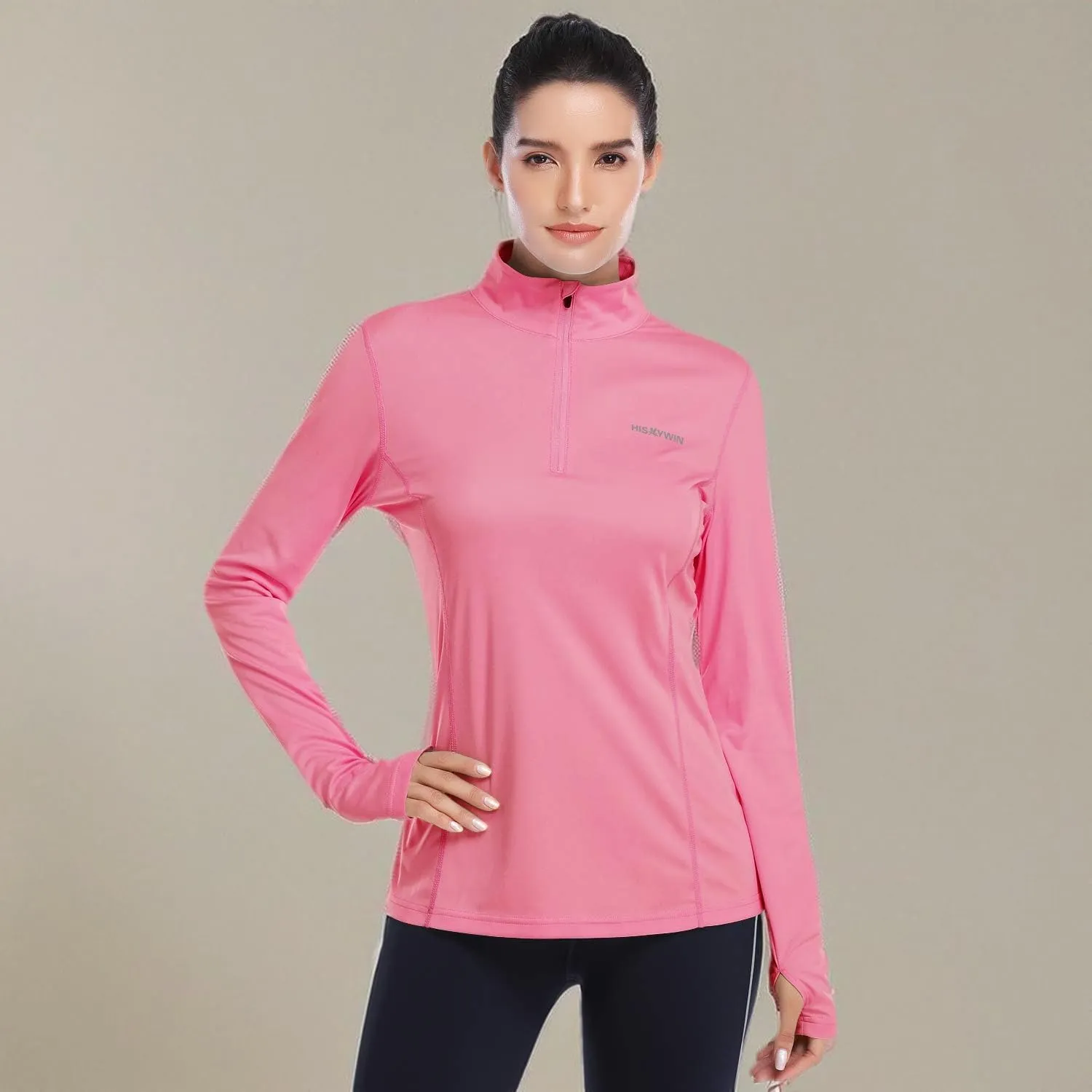 HISKYWIN Womens UPF 50  Sun Protection Tops Long Sleeve Half-Zip Thumb Hole Outdoor Workout Shirt