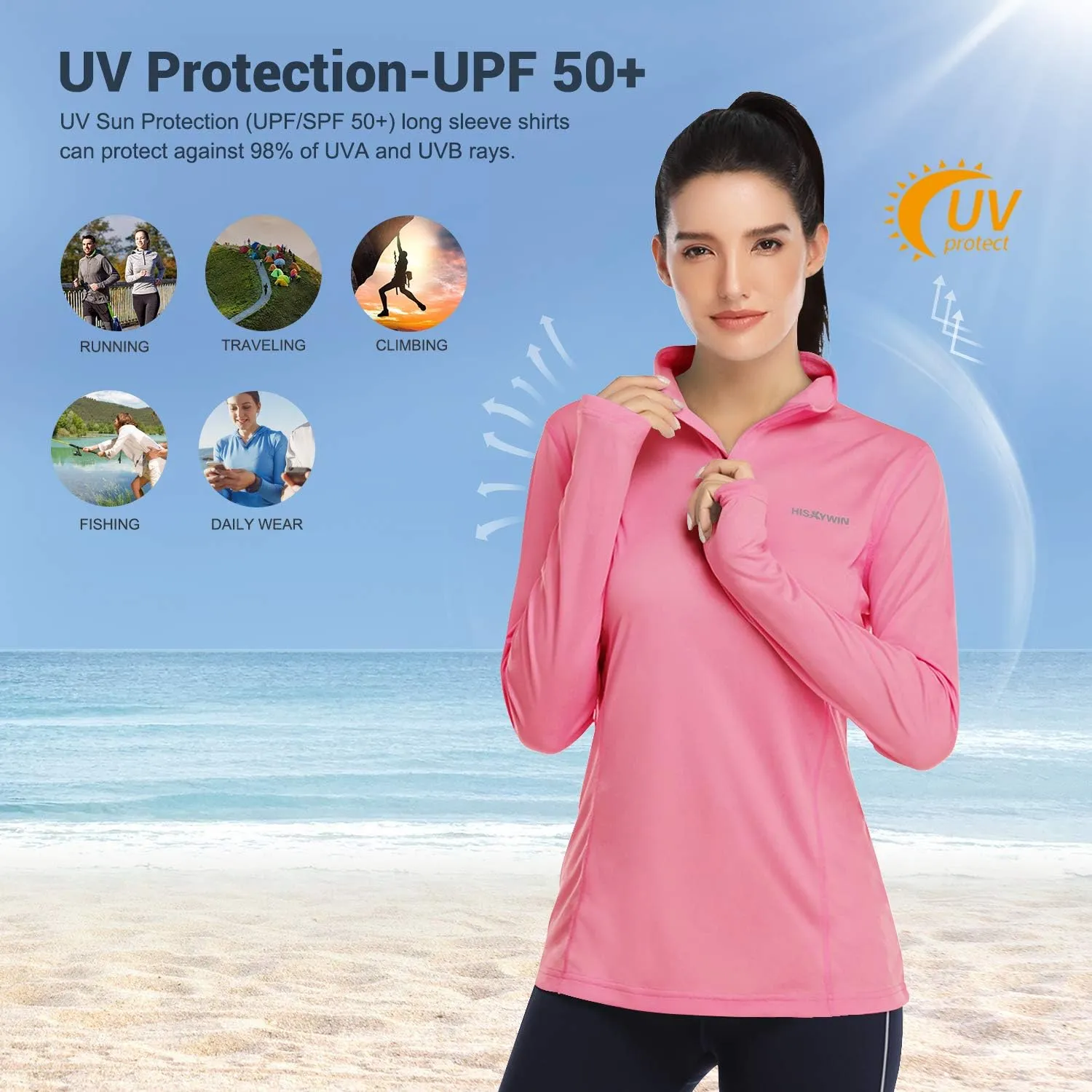 HISKYWIN Womens UPF 50  Sun Protection Tops Long Sleeve Half-Zip Thumb Hole Outdoor Workout Shirt
