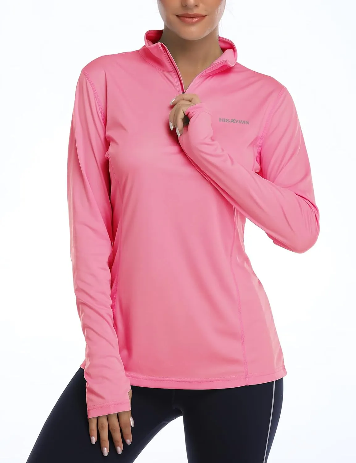 HISKYWIN Womens UPF 50  Sun Protection Tops Long Sleeve Half-Zip Thumb Hole Outdoor Workout Shirt