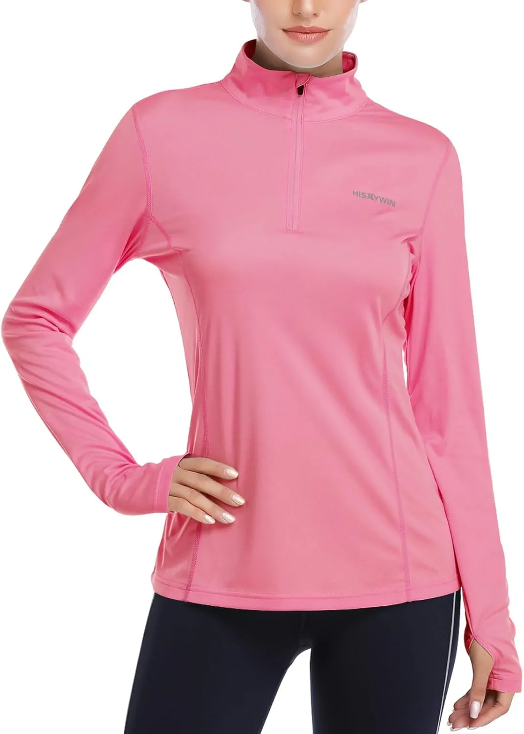 HISKYWIN Womens UPF 50  Sun Protection Tops Long Sleeve Half-Zip Thumb Hole Outdoor Workout Shirt