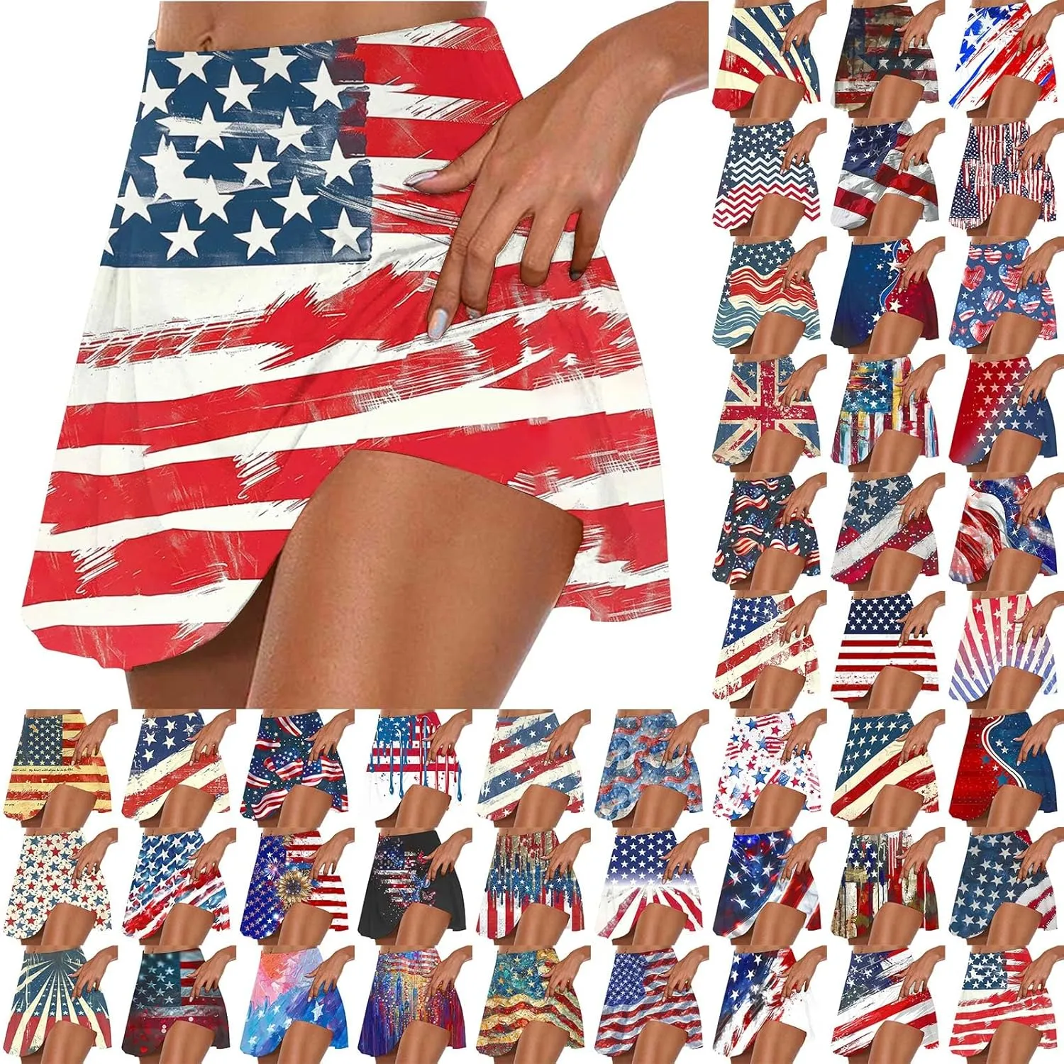 hlysgo Tennis Skorts for Woman Trendy American Flag Print Patriotic Workout Shorts 4th of July Athletic Shorts with Skirts