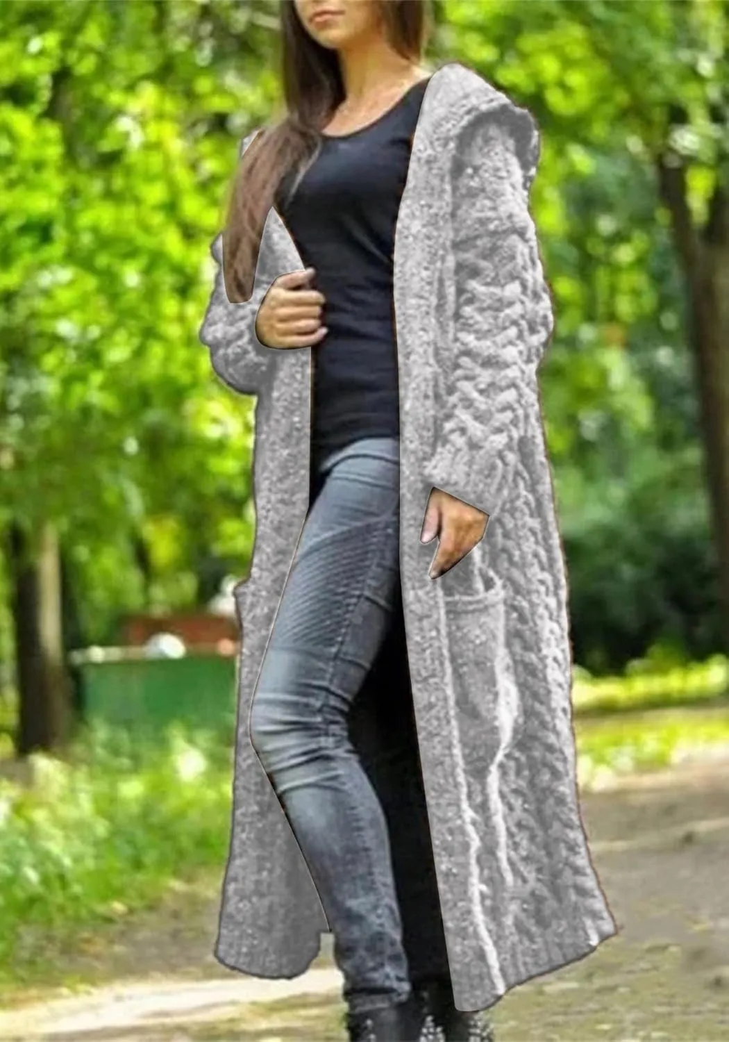 Hooded Long Sweater Cardigan Women Open Front Sweater Coat Cable Knit Duster Cardigans Plus Size Chunky Long Cardigan
