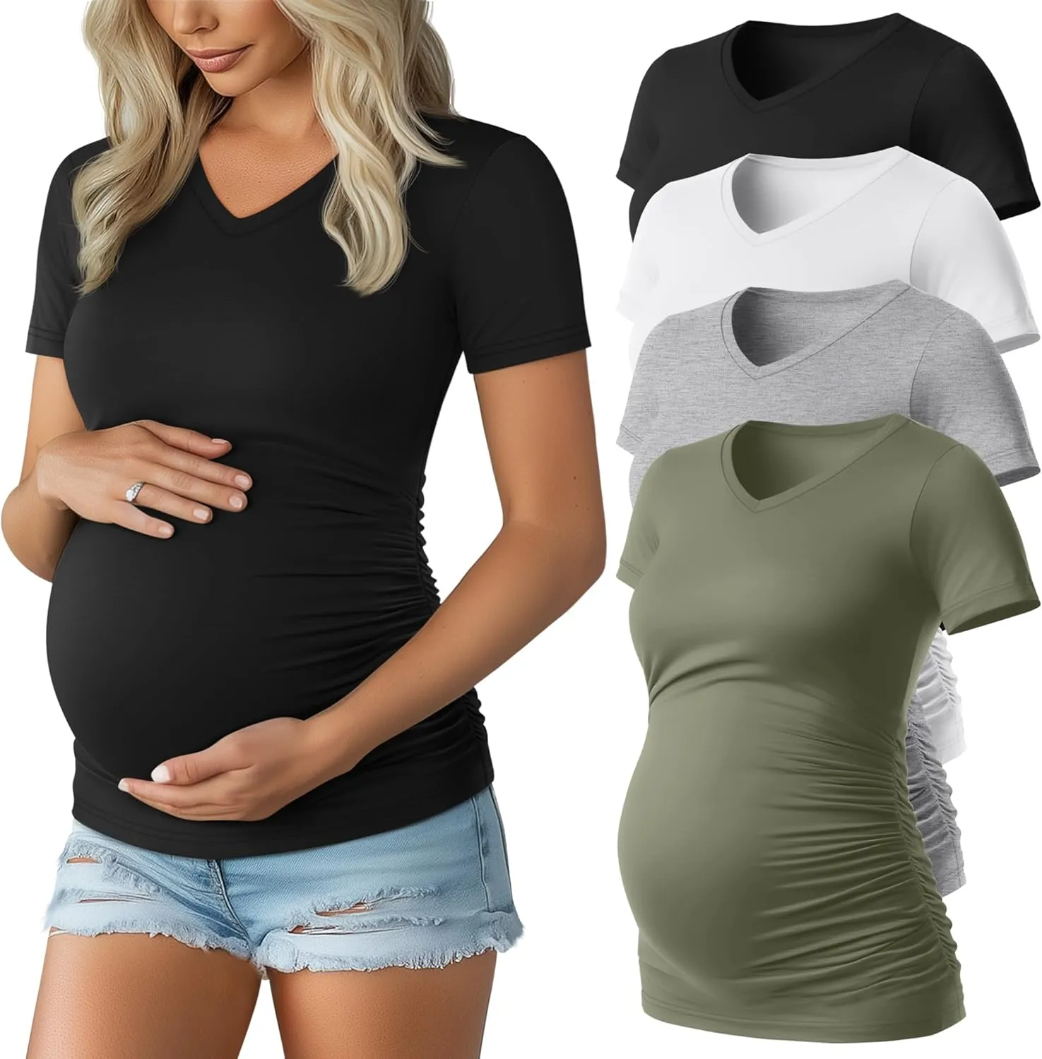 Huukeay 4 Pack Women's Maternity Shirts, V Neck Maternity Top Short Sleeve Casual Cotton Tee Side Ruched Pregnancy Clothes