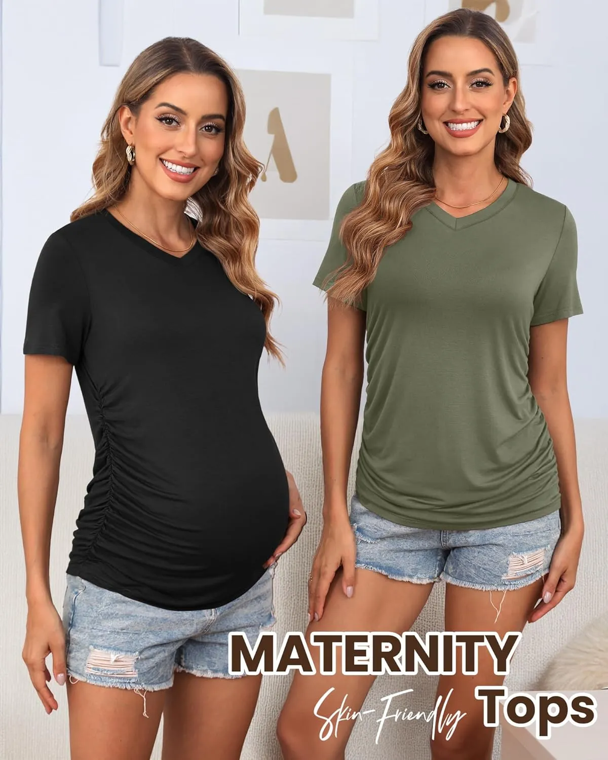 Huukeay 4 Pack Women's Maternity Shirts, V Neck Maternity Top Short Sleeve Casual Cotton Tee Side Ruched Pregnancy Clothes