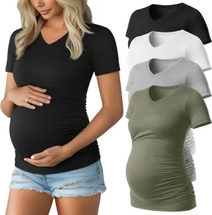 Huukeay 4 Pack Women's Maternity Shirts, V Neck Maternity Top Short Sleeve Casual Cotton Tee Side Ruched Pregnancy Clothes