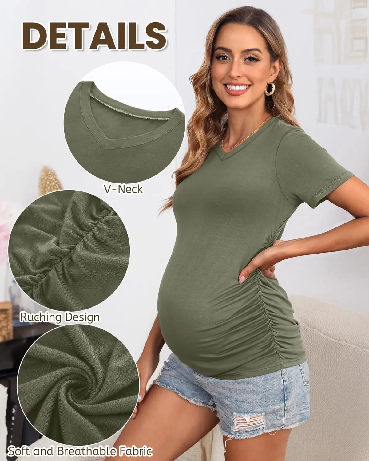 Huukeay 4 Pack Women's Maternity Shirts, V Neck Maternity Top Short Sleeve Casual Cotton Tee Side Ruched Pregnancy Clothes