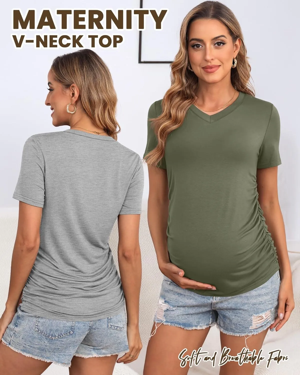 Huukeay 4 Pack Women's Maternity Shirts, V Neck Maternity Top Short Sleeve Casual Cotton Tee Side Ruched Pregnancy Clothes