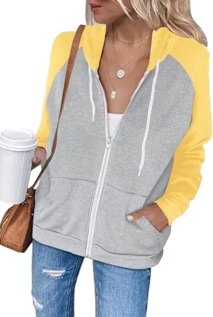 INFITTY Women's Casual Color Block Long Sleeve Zip Up Hooded Sweatshirt Lightweight Hoodies Jacket with Pocket
